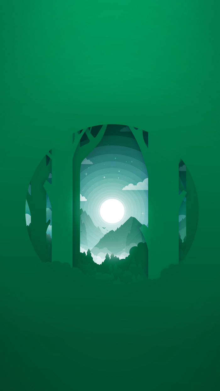 Minimalist forest scene with mountains and moon