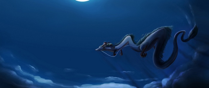 Chihiro riding on a dragon in the night sky