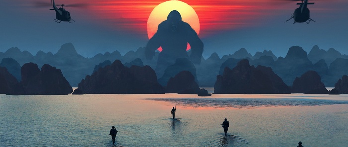 King Kong from Kong: Skull Island with helicopters and soldiers