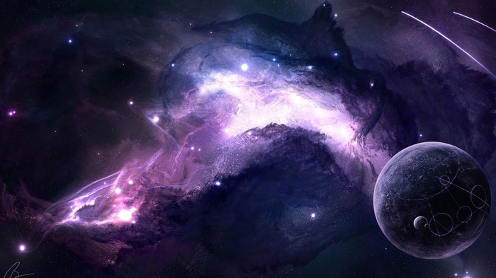 Digital art of a planet and nebula in space