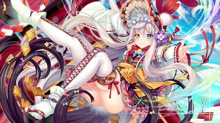 Anime Girl in Japanese Clothes with Heterochromia and Hair Bows