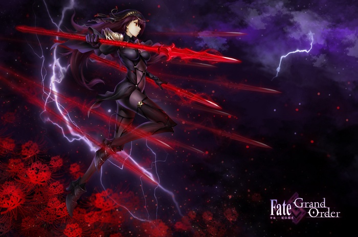 gloves, weapon, Thunderbolt, red eyes, anime, anime girls, Fate Series, FateGrand Order, spear, armor, violet hair, headdress, bodysuit, tight clothing, long hair, power armor