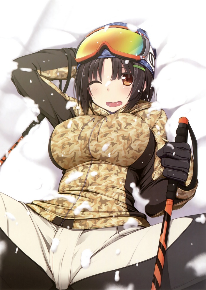 Anime girl in ski gear lying in snow