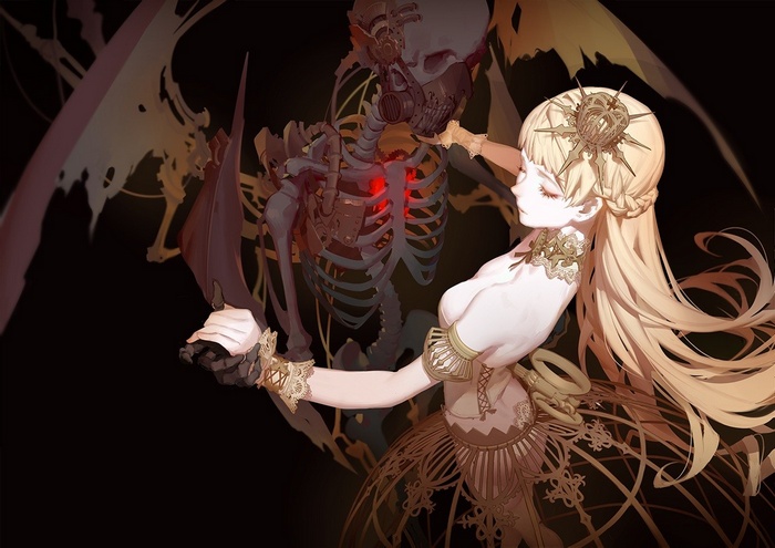 Woman dancing with a mechanical skeleton