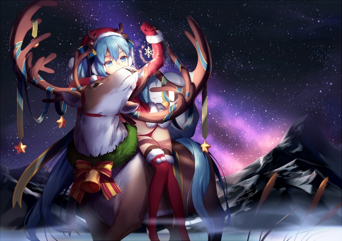 Hatsune Miku from Vocaloid on a reindeer
