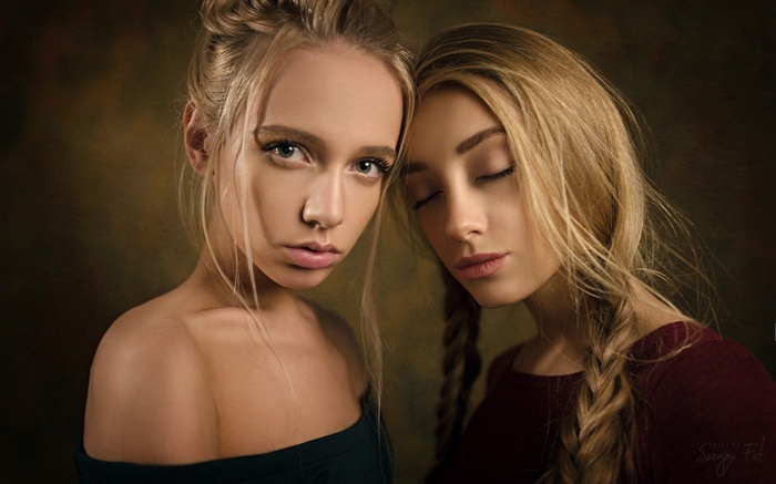 Two blonde women, one with eyes closed, portrait by Sergey Fat