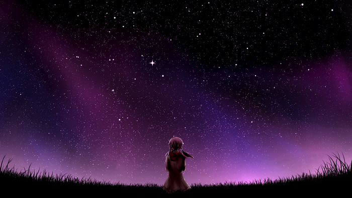 Girl in scarf looking at starry night sky with aurorae