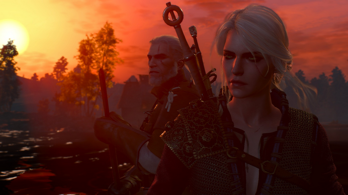 Geralt and Ciri from The Witcher 3: Wild Hunt at sunset