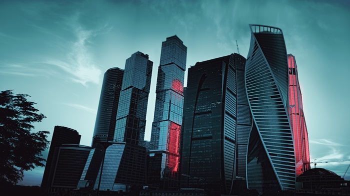 Modern skyscrapers in Moscow City at dusk