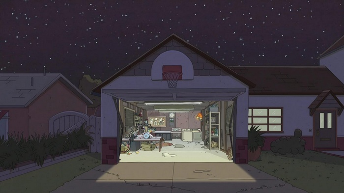 Rick and Morty Garage at Night