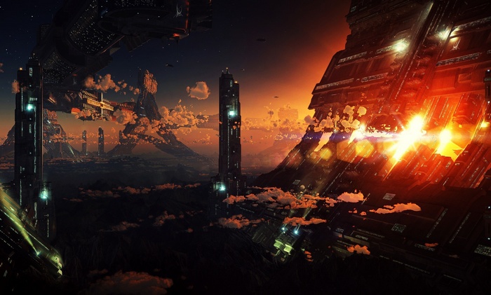 Cyberpunk city with futuristic towers and spacecraft at sunset