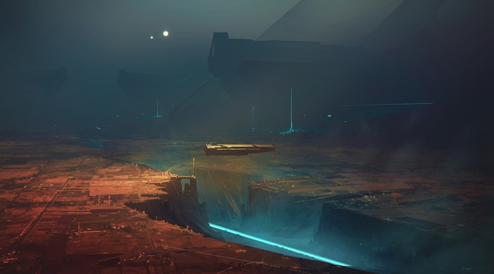 Futuristic landscape with flying vehicle and structures