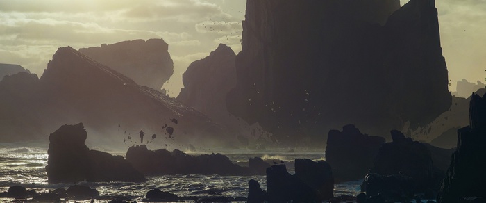 Fantasy art of a person standing on rocks by the sea
