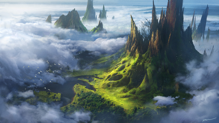 Fantasy landscape with jagged mountains and clouds