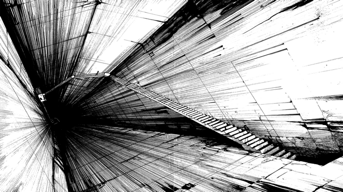 Monochrome artwork of abstract stairs and heights