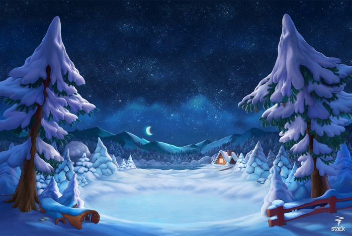 Winter night landscape with snow-covered trees and a cabin