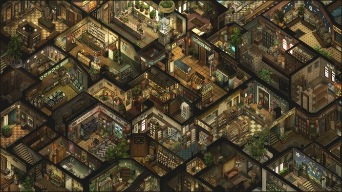 Isometric view of a detailed urban maze with shops and apartments