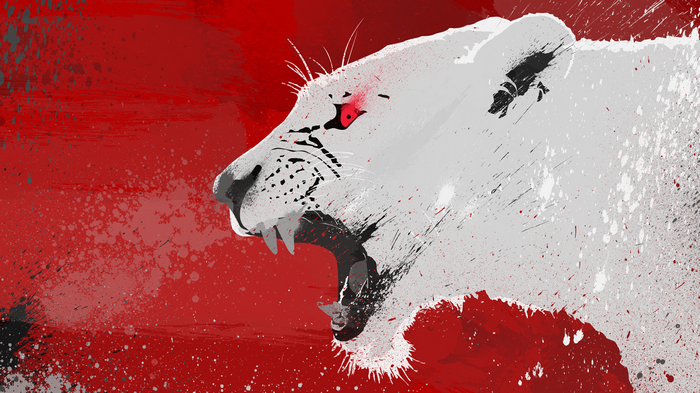 White lion with red eyes roaring on red background