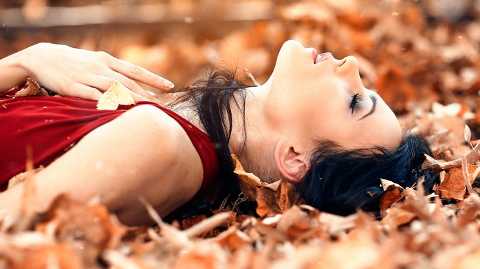 profile, women outdoors, Angelina Petrova, leaves, fall, face, outdoors, model, closed eyes, women
