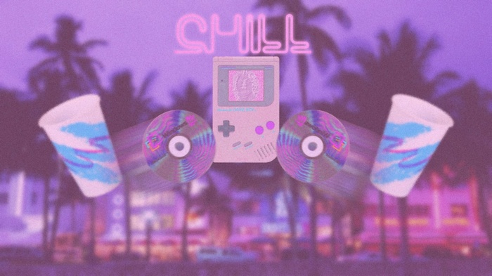 Vaporwave aesthetic with Game Boy, CDs, and cups