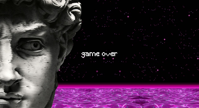 Glitchy Statue Head with "Game Over" in Space