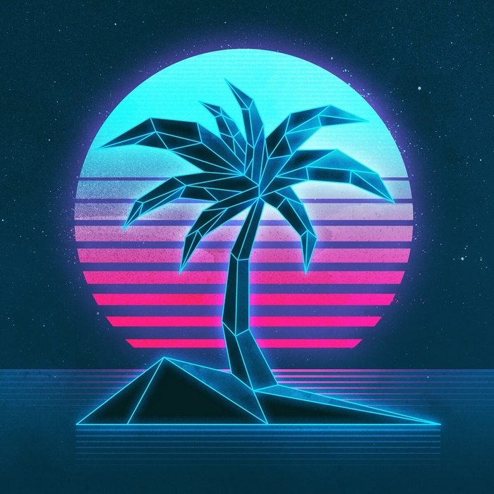 Neon palm tree on an island with a retro sunset