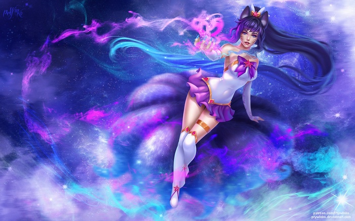 elbow gloves, fox girl, thigh-highs, Star Guardian, ponytail, tail, animal ears, Ahri (League of Legends)