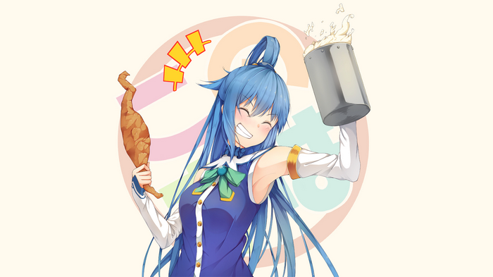 Aqua from KonoSuba holding food and a mug
