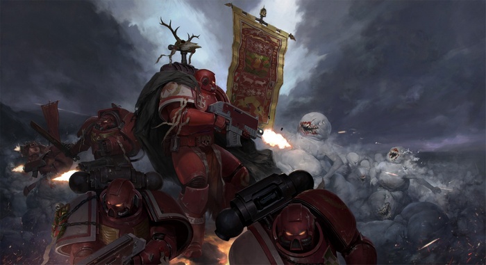 Warhammer 40,000 Space Marines fighting monsters