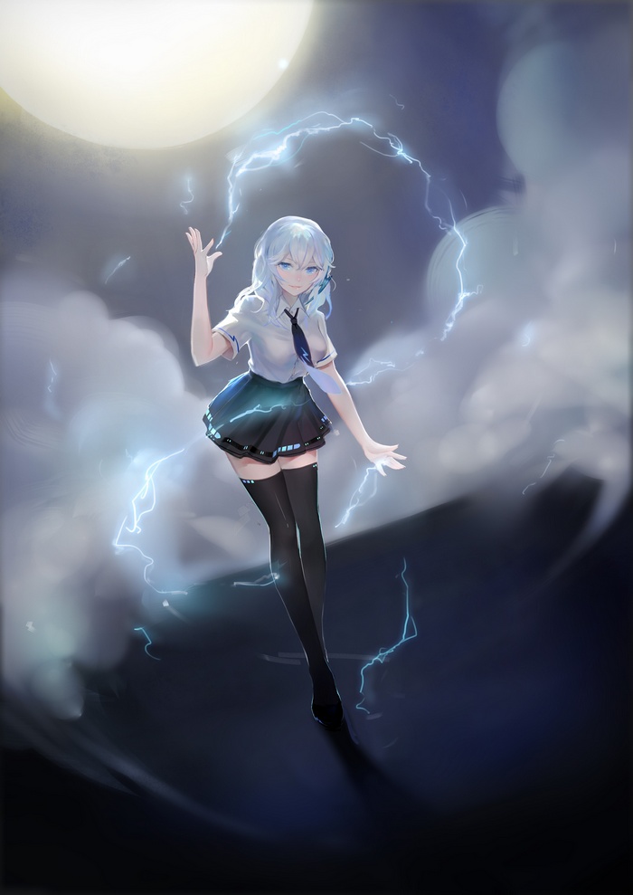 Girl with white hair and aqua eyes in school uniform with lightning