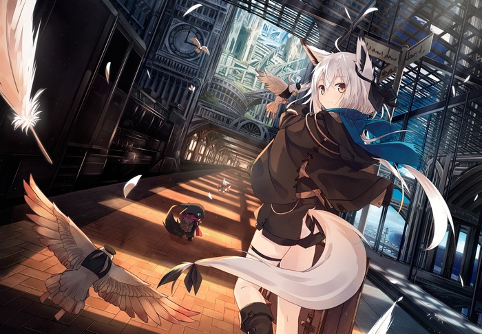Anime girl with animal ears and tail in a train station
