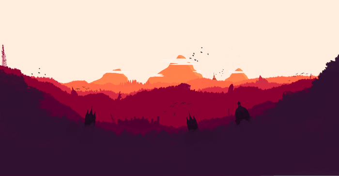 Minimalist landscape with mountains and cityscape