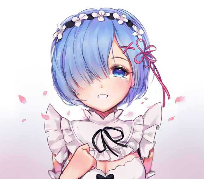 Rem from Re:Zero wearing a maid outfit and flower crown