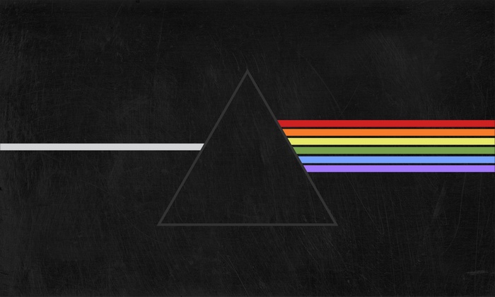 Prism refracting light into rainbow colors, Pink Floyd inspired