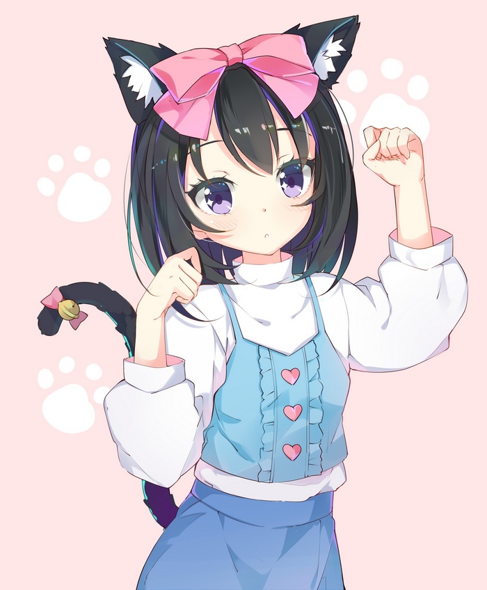 animal ears, anime girls, tail, nekomimi, anime, purple eyes, black hair