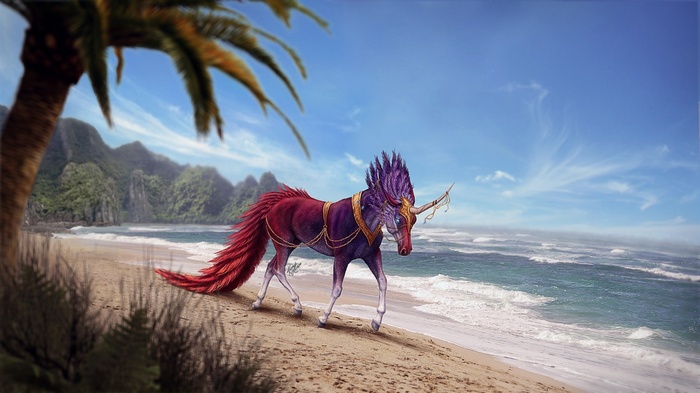 Fantasy unicorn on a tropical beach