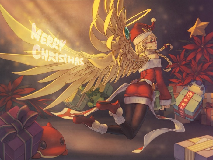 Anime girl with wings and Christmas outfit, Puzzle & Dragons