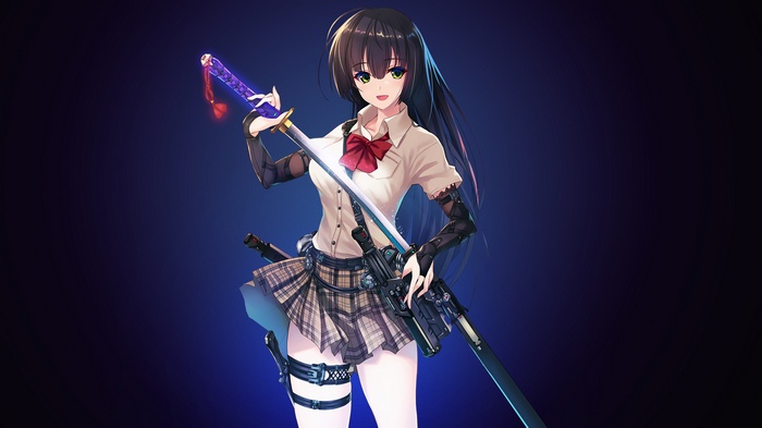Anime girl with sword and rifle