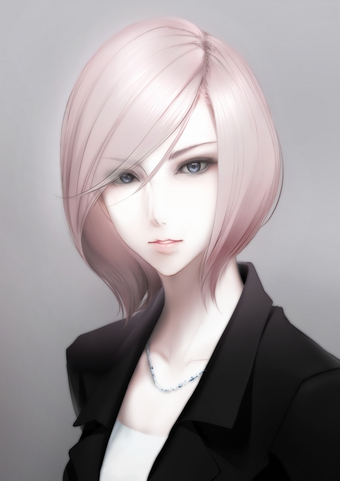 Anime girl with short blonde hair and gray eyes