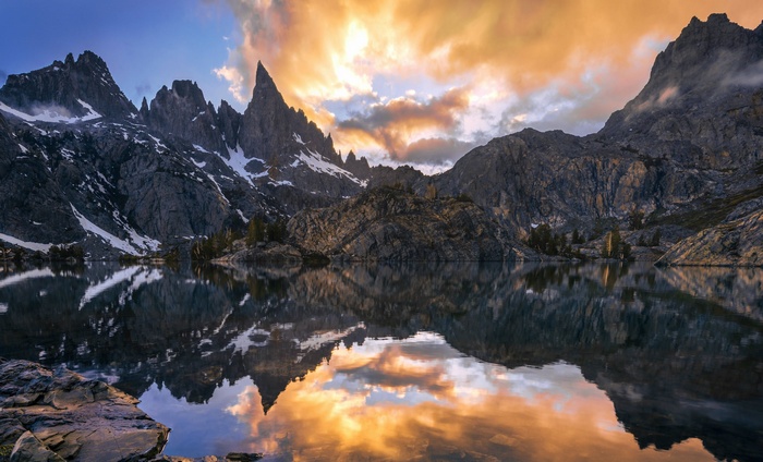 Mountain peaks reflected in a lake at sunset