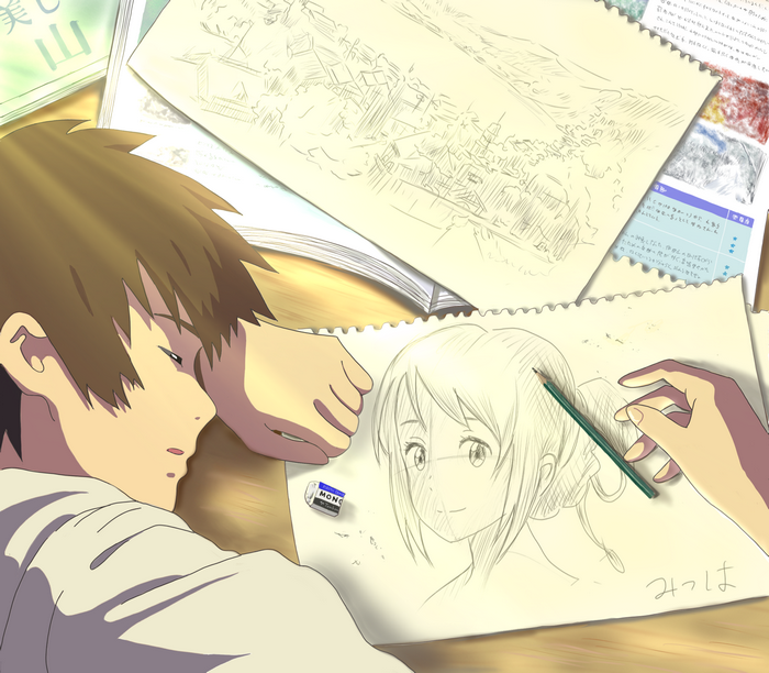 Kimi no Na Wa. Mitsuha Miyamizu and Taki Tachibana sketches