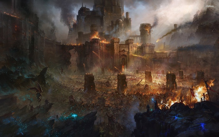 Fantasy battle at a burning castle