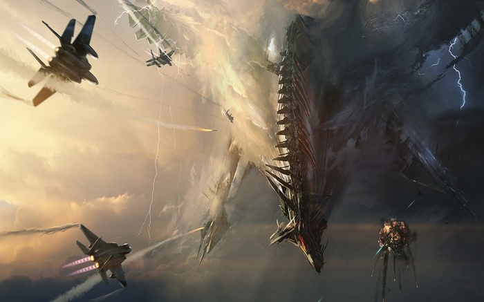 Fighter jets battle a colossal alien creature in stormy skies