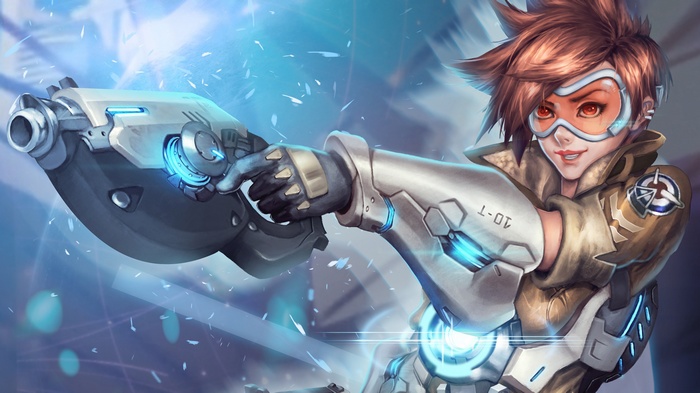 Tracer from Overwatch holding a weapon