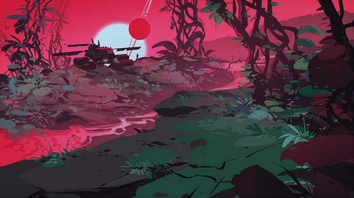 Alien jungle with a rover and two suns