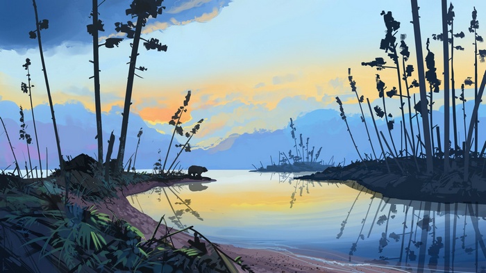 Bear by a lake at sunset with silhouetted trees