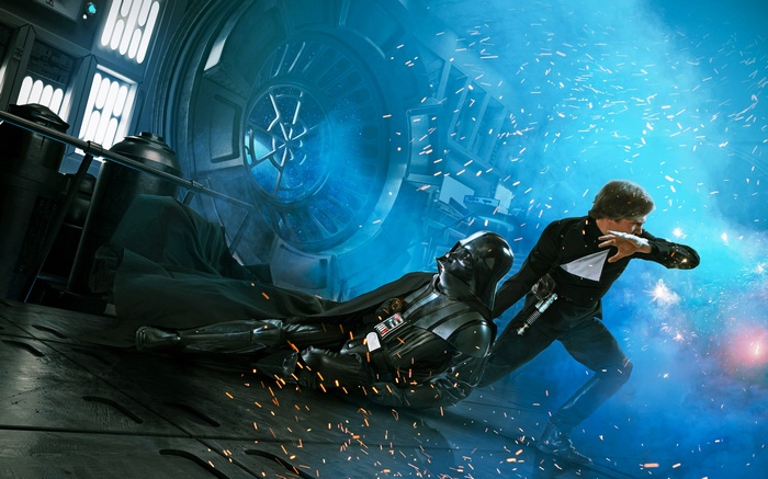 Luke Skywalker and Darth Vader fighting in Star Wars