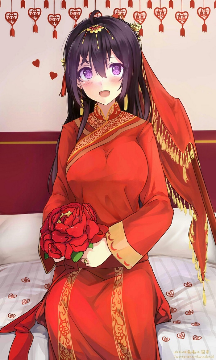 Anime bride in red Chinese dress holding flowers