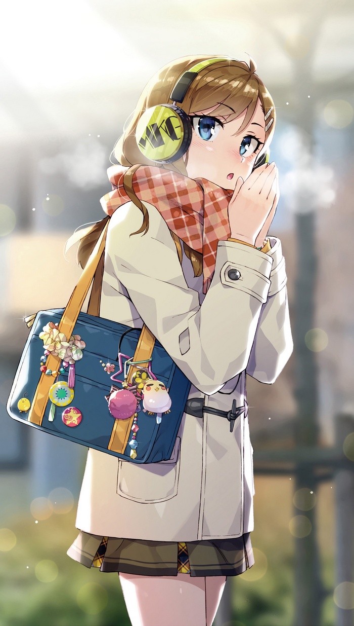 Anime girl with headphones and bag