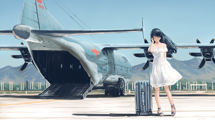 Anime girl with luggage at airport next to cargo plane